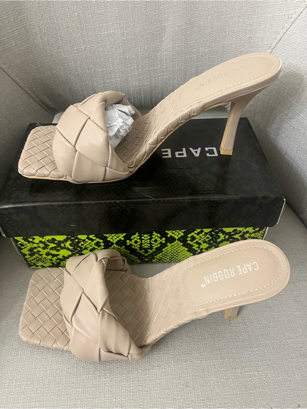 Cape Robbin Neutral Braided Square-Toe Mid Heel Slides